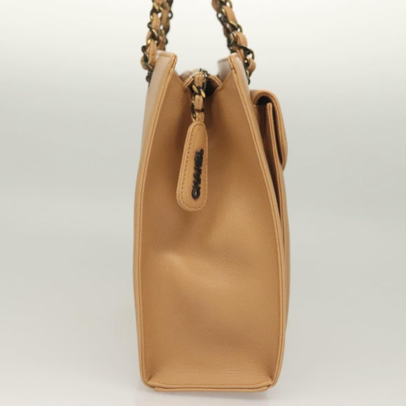 CHANEL Chain Tote Bag Leather Beige CC Auth sw1141