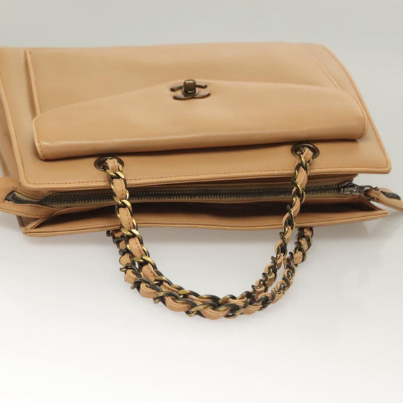 CHANEL Chain Tote Bag Leather Beige CC Auth sw1141