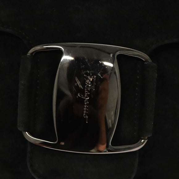 Salvatore Ferragamo Hand Bag Suede Black Silver Auth sw1146