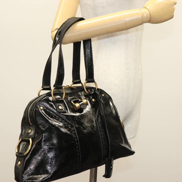 SAINT LAURENT Muse Shoulder Bag Enamel Black Gold Auth sw1147