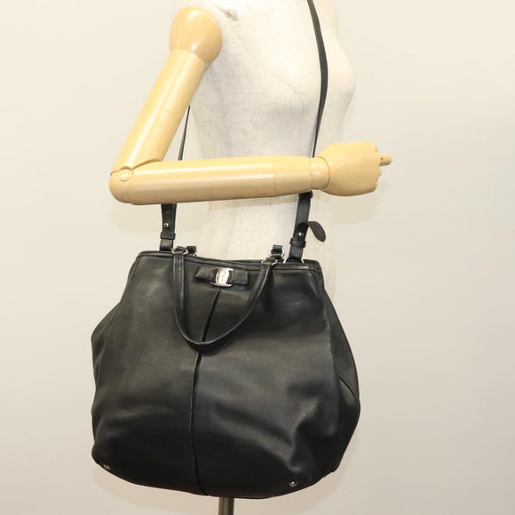 Salvatore Ferragamo Hand Bag Leather 2way Black Silver Auth sw1160