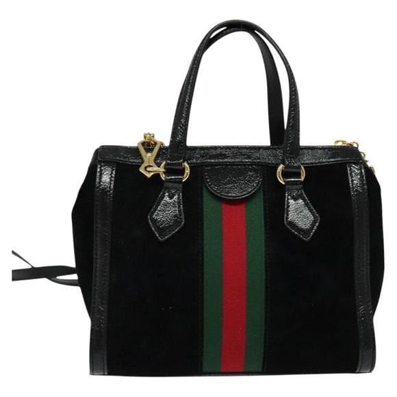 GUCCI Web Sherry Line Hand Bag Suede 2way Black Gold 547551 Auth sw1189