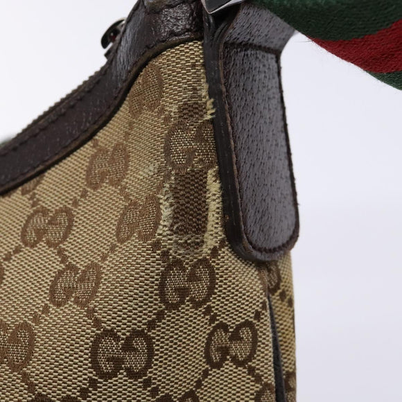 GUCCI GG Canvas Web Sherry Line Shoulder Bag Beige Silver 181092 Auth sw1203