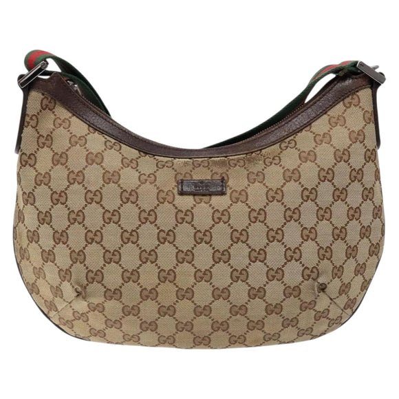 GUCCI GG Canvas Web Sherry Line Shoulder Bag Beige Silver 181092 Auth sw1203