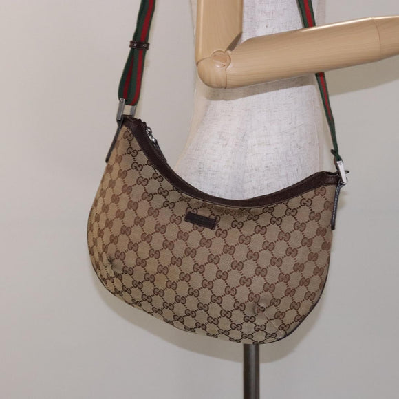 GUCCI GG Canvas Web Sherry Line Shoulder Bag Beige Silver 181092 Auth sw1203