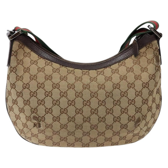 GUCCI GG Canvas Web Sherry Line Shoulder Bag Beige Silver 181092 Auth sw1203
