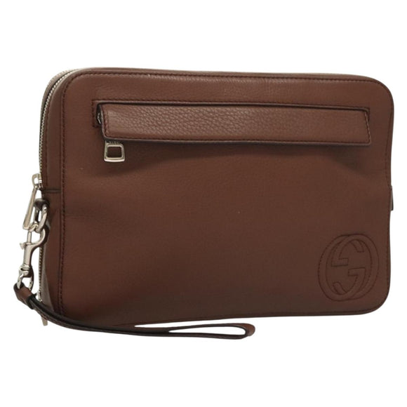 GUCCI Clutch Bag Leather Brown Silver 337083 Auth sw1217