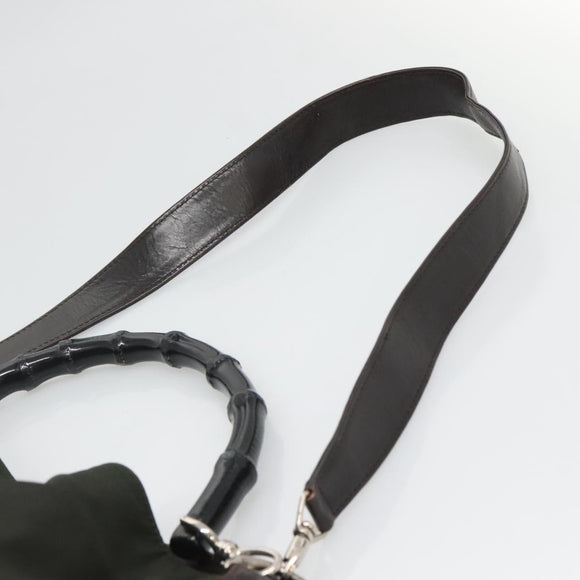 GUCCI Bamboo Hand Bag Nylon 2way Khaki Silver 001 1577 2123 Auth sw1236