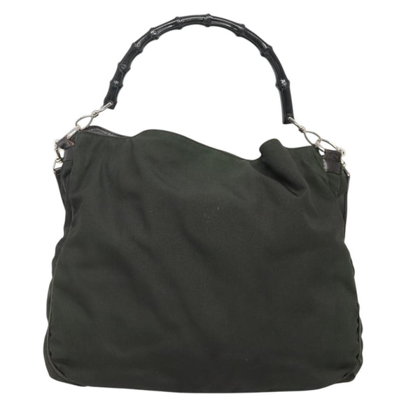 GUCCI Bamboo Hand Bag Nylon 2way Khaki Silver 001 1577 2123 Auth sw1236