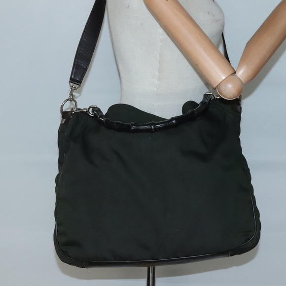 GUCCI Bamboo Hand Bag Nylon 2way Khaki Silver 001 1577 2123 Auth sw1236