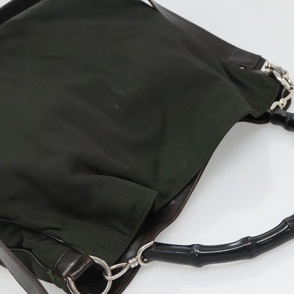 GUCCI Bamboo Hand Bag Nylon 2way Khaki Silver 001 1577 2123 Auth sw1236