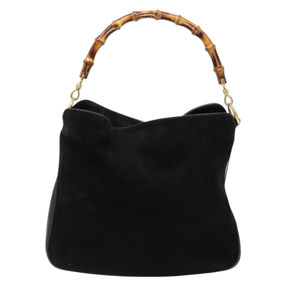GUCCI Bamboo Hand Bag Suede Black Gold 001 1638 2615 Auth sw1241