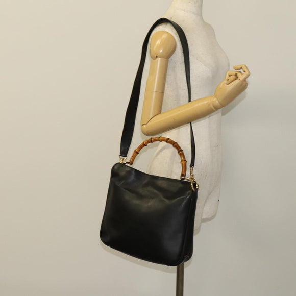 GUCCI Bamboo Hand Bag Leather 2way Black Gold 001 1638 Auth sw1242