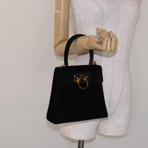 Salvatore Ferragamo Hand Bag Suede Black Gold Auth sw1248