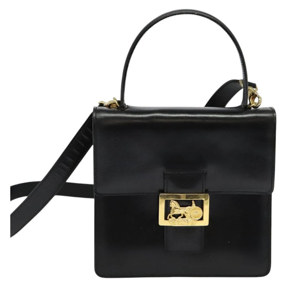 CELINE Hand Bag Leather 2way Black Gold Auth sw1250
