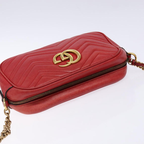 GUCCI GG Marmont Shoulder Bag Leather Red Gold 447632 Auth sw1251