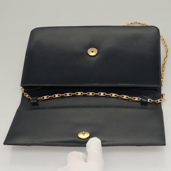 CELINE Chain Hand Bag Leather Navy Gold Auth sw1259