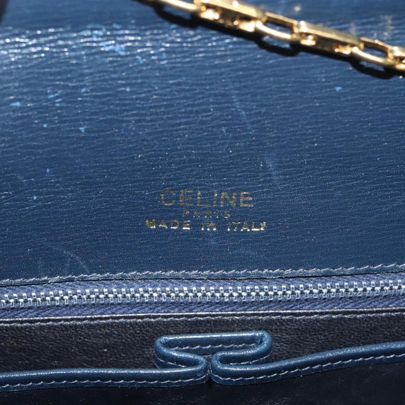 CELINE Chain Hand Bag Leather Navy Gold Auth sw1259