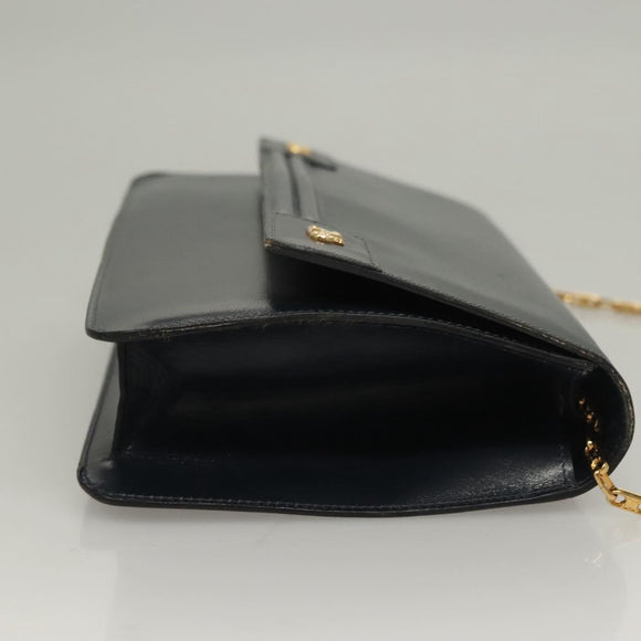 CELINE Chain Hand Bag Leather Navy Gold Auth sw1259
