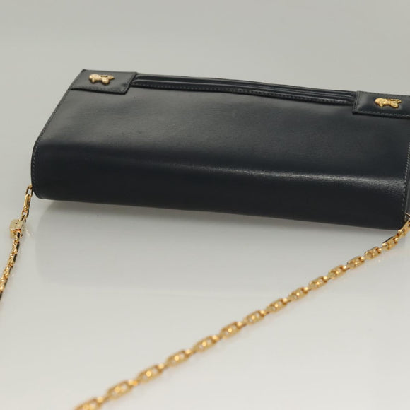 CELINE Chain Hand Bag Leather Navy Gold Auth sw1259