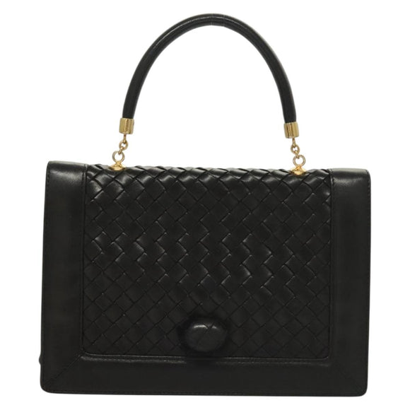BOTTEGA VENETA INTRECCIATO Hand Bag Leather Black Gold Auth sw1261