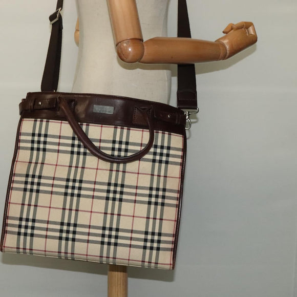 BURBERRY Nova Check Hand Bag Canvas 2way Beige Auth sw128