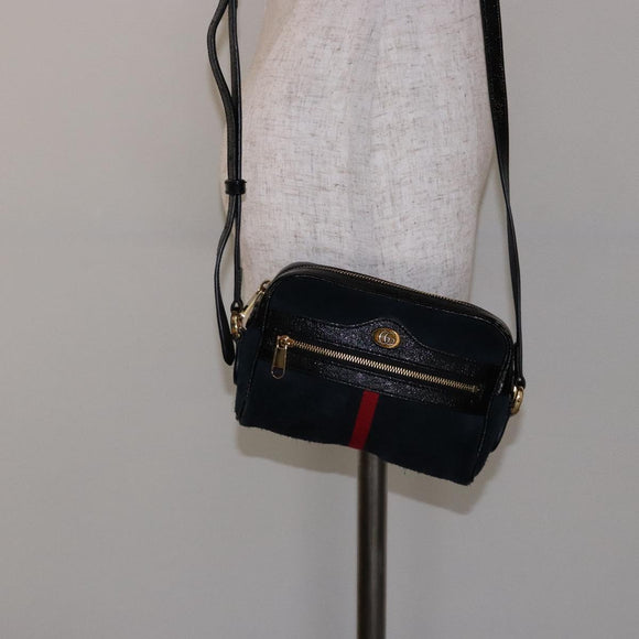 GUCCI Sherry Line Shoulder Bag Suede Navy Gold 517350 Auth sw1285