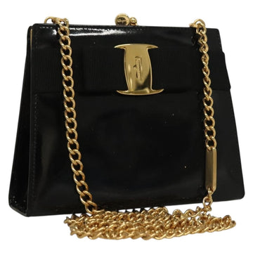 Salvatore Ferragamo Chain Shoulder Bag Enamel Black Gold Auth sw1298