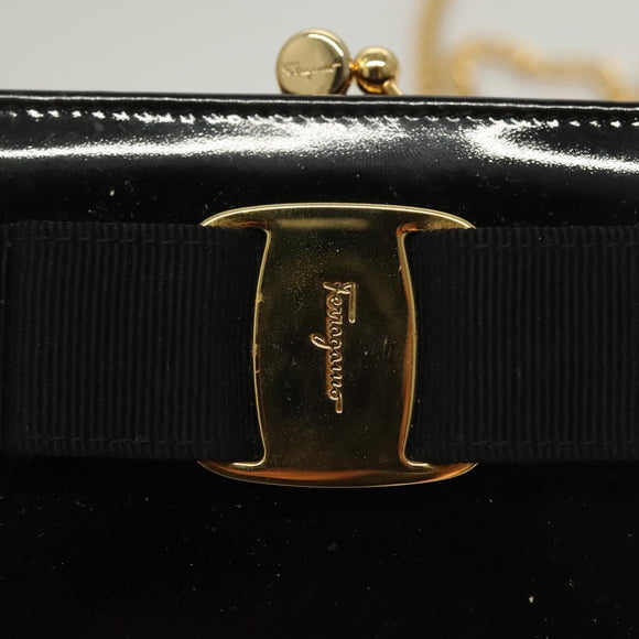 Salvatore Ferragamo Chain Shoulder Bag Enamel Black Gold Auth sw1298