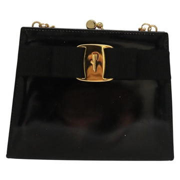 Salvatore Ferragamo Chain Shoulder Bag Enamel Black Gold Auth sw1298 - 0