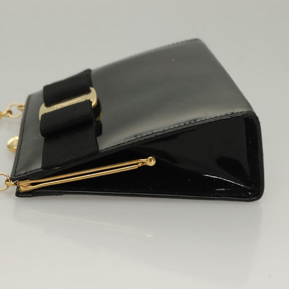 Salvatore Ferragamo Chain Shoulder Bag Enamel Black Gold Auth sw1298