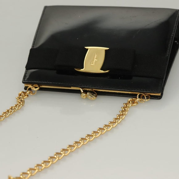 Salvatore Ferragamo Chain Shoulder Bag Enamel Black Gold Auth sw1298