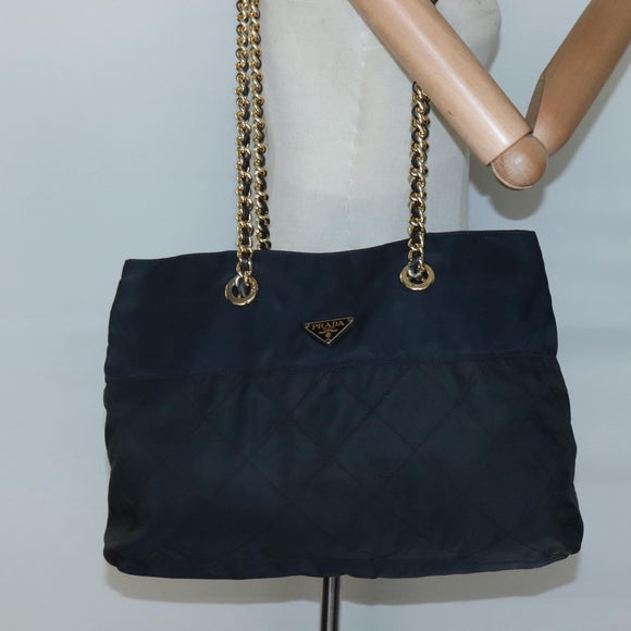 PRADA Chain Shoulder Bag Nylon Navy Gold Auth sw1307