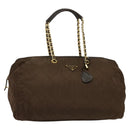 PRADA Boston Bag Nylon Brown Gold Auth sw1308-1