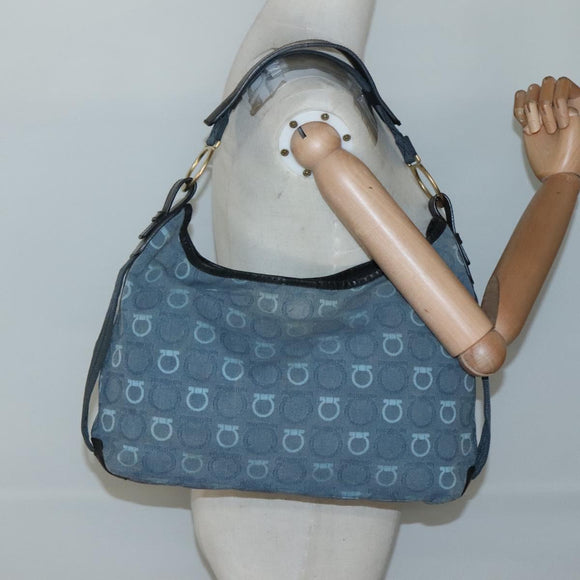 Salvatore Ferragamo Shoulder Bag Canvas Blue Gold Auth sw1326
