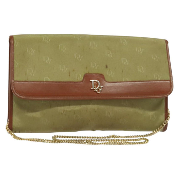 Christian Dior Chain Shoulder Bag Nylon Leather Beige Gold Auth sw1353