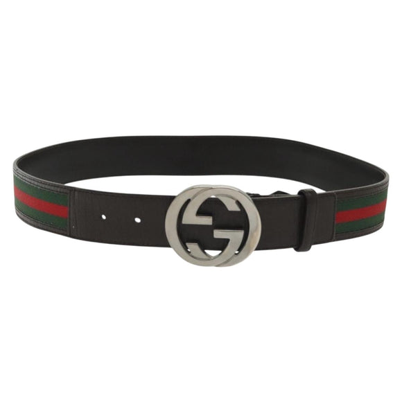 GUCCI Web Sherry Line Belt Leather 37"" Red Green 114984 Auth sw1387