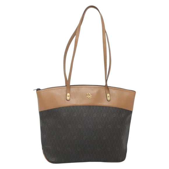 Christian Dior Honeycomb Canvas Tote Bag PVC Black Gold Auth SW1460