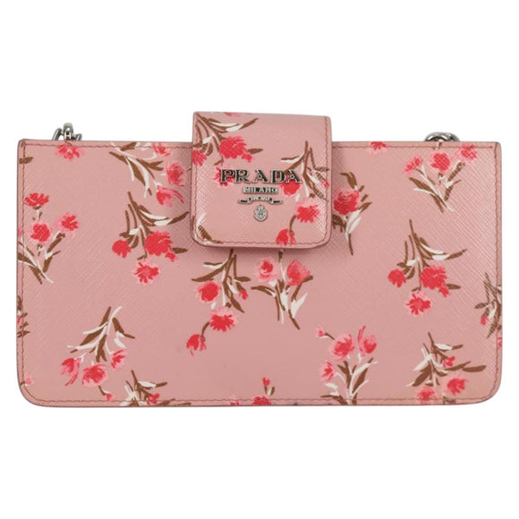 PRADA Chain Phone Case Leather Pink Silver Auth SW1495V