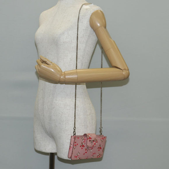 PRADA Chain Phone Case Leather Pink Silver Auth SW1495V