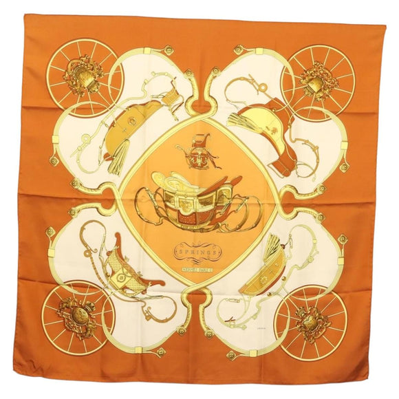 HERMES Carre 90 Scarf ""SPRINGS"" Silk Brown Auth SW1500