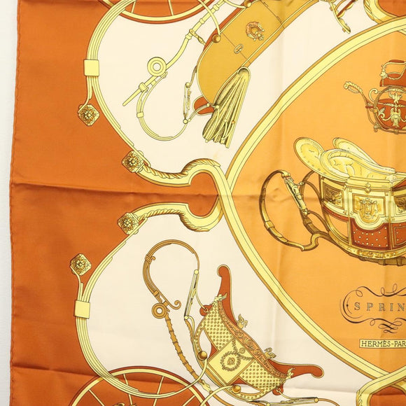 HERMES Carre 90 Scarf ""SPRINGS"" Silk Brown Auth SW1500