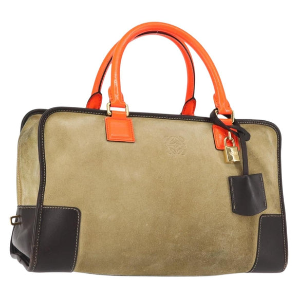 LOEWE Anagram Amazona 36 Hand Bag Suede Leather Beige Gold Auth SW1510