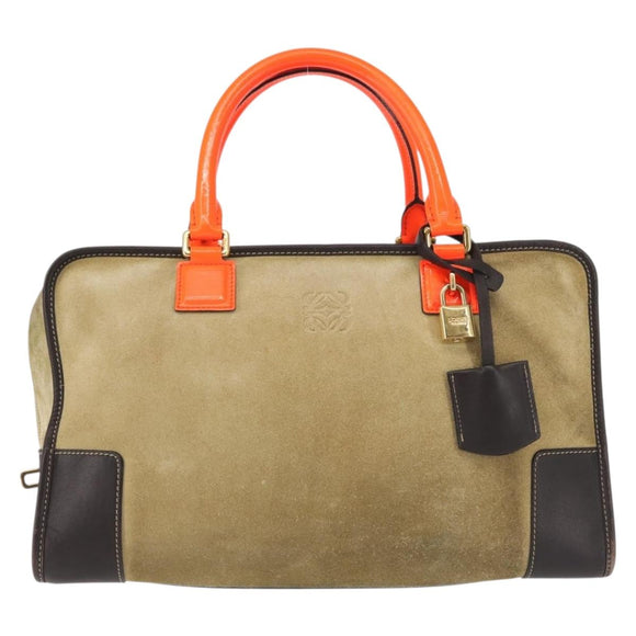 LOEWE Anagram Amazona 36 Hand Bag Suede Leather Beige Gold Auth SW1510