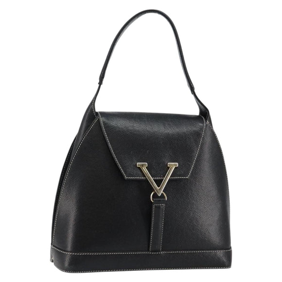 VALENTINO Hand Bag Leather Black Gold Auth SW1523