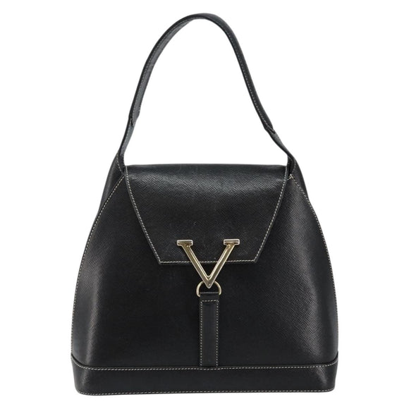 VALENTINO Hand Bag Leather Black Gold Auth SW1523