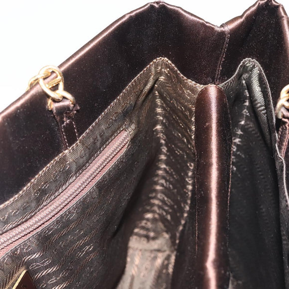 PRADA Chain Hand Bag Satin Brown Gold Auth SW1527