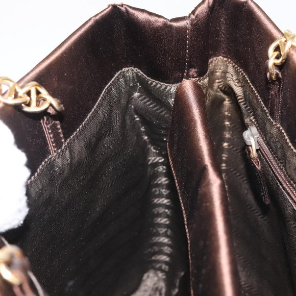 PRADA Chain Hand Bag Satin Brown Gold Auth SW1527