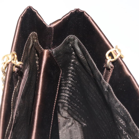 PRADA Chain Hand Bag Satin Brown Gold Auth SW1527