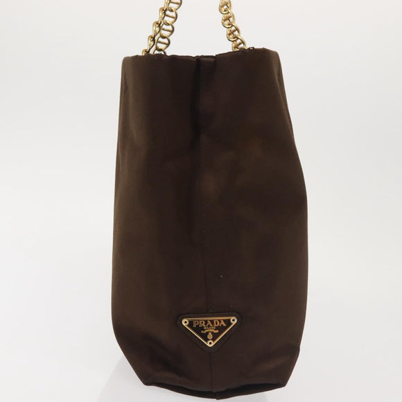 PRADA Chain Hand Bag Satin Brown Gold Auth SW1527